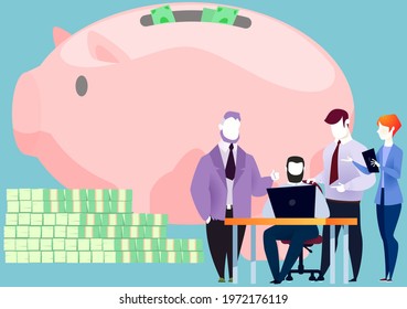 Businesspeople working with computer together. Employees communicating about business. People work with technology to earn money and receive income. Piggy storage device for coins and dollar bills