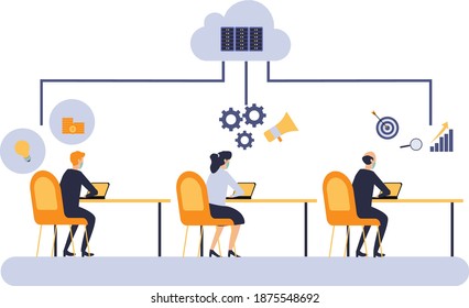 Geschäftsleute, die mit Laptop- und Cloud-Computing-Speicherservice arbeiten
