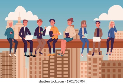 Businesspeople working and lunching on a crossbeam. Business and lifestyle concept. Vector illustration in flat style.