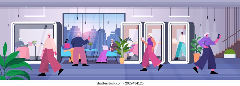 businesspeople working in protective glass cabins business people team in modern office