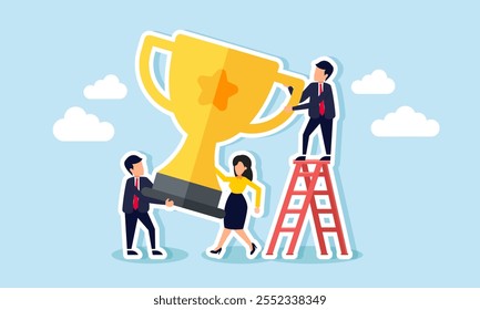 Businesspeople working together to lift a trophy, illustration of teamwork in improving business performance to become a leading company in its field and scale