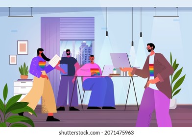 businesspeople working together in office lgbt rainbow flags gay lesbian transgender love concept