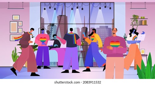 businesspeople working together in office lgbt rainbow flags gay lesbian transgender love concept