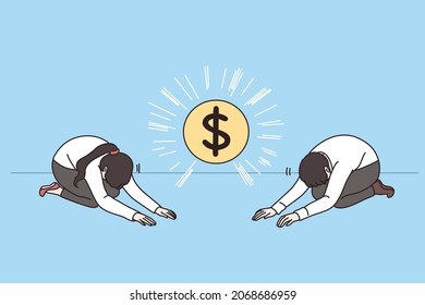 Businesspeople worship dollar coin symbol. Man and woman have prayer ceremony to money. New religion, finance concept. Wealth and greed. Flat vector illustration, cartoon character. 