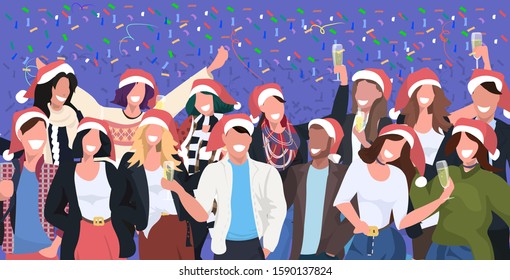 businesspeoplein santa hats having confetti corporate party mix race business people celebrating merry christmas happy new year winter holidays concept horizontal portrait vector illustration