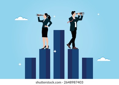 Businesspeople's vision of finding new opportunities through telescopes and spy glasses. A vision of success through personal development or leadership. The challenge of planning or discovery.