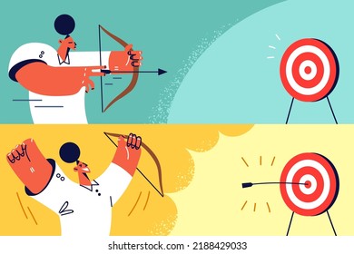 Businessperson aiming at goal and reach center. Woman shooting at target. Business achievement and accomplishment. Vector illustration. 