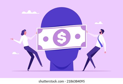 Businessperson with cash money dollar banknote covering the eyes of a businessman. Bribery concept. Vector illustration