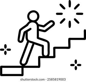 Businessperson climbing digital staircase towards bright light with bokeh effects ample copy space. concept as Individual ascends digital staircase leading to bright horizon surrounded by bokeh lights