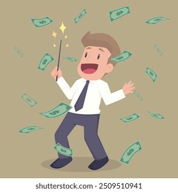 Businessperson doing a magic trick making dollars and profit out of financial strategy.vector.illustration