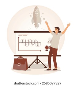 Businessperson enthusiastically presenting a growth chart with a futuristic rocket symbolizing achievement and progress, radiating a sense of success,  Flat vector modern illustration 