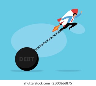 Businessperson Escaping Debt With Rocket Pack While Breaking Free From Heavy Ball and Chain 2d flat vector illustrations