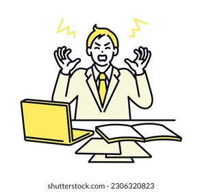 A businessperson goes crazy after a series of troubles. Illustration of a man in a panic.