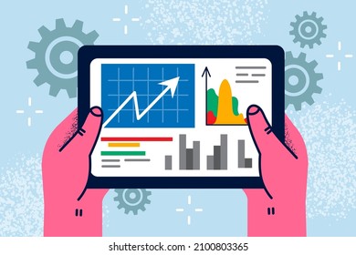 Empresario sostiene una moderna revisión de tabletas, analiza diagramas financieros y traza las operaciones en línea en el mercado de valores. Un hombre emprendedor trabaja sobre las almohadillas con finanzas. Ilustración vectorial plana. 