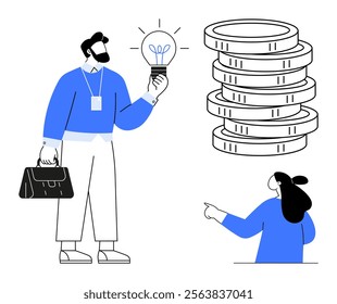 Businessperson holding a lightbulb with a stack of coins and another figure pointing. Ideal for concepts of business, idea generation, finance, investment, and success. Simple modern style