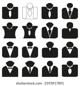 Businessperson icon set. Formal suit graphics. Office team illustration. Corporate attire symbols. EPS 10.