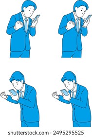 Businessperson making a small fist pump while looking at a smartphone screen (male) illustration