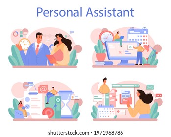 Businessperson personal assistant concept set. Professional help and support for manager. Worker day planning and paperwork and meetings assisting. Isolated flat vector illustration