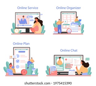 Businessperson personal assistant online service or platform set. Professional help and support for manager. Paperwork and meetings assisting. Online chat, organizer, plan. Flat vector illustration