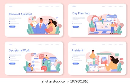 Businessperson personal assistant web banner or landing page set. Professional help and support for manager. Worker day planning and paperwork and meetings assisting. Isolated flat vector illustration