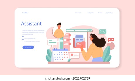 Businessperson personal assistant web banner or landing page. Professional help and support for manager. Worker day planning and paperwork and meetings assisting. Isolated flat vector illustration