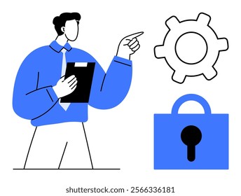 Businessperson pointing towards gear and lock symbol. Ideal for business operations, security, settings, professionalism, and data protection. Modern flat design with bold blue and white colors