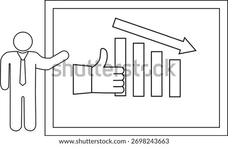 Businessperson presenting a chart with declining bars overlaid with a thumbsup icon and a downpointing arrow