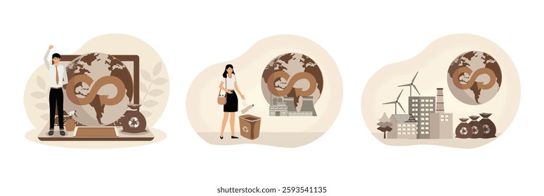 Businessperson promoting sustainable practices with a recycling symbol and infinity sign. Woman recycling a plastic bottle. Sustainable development with renewable energy sources. 