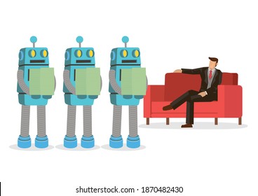 Businessperson relaxing with robots bringing money to him. Concept of building wealth with artificial intelligence technology. Isolated vector illustration