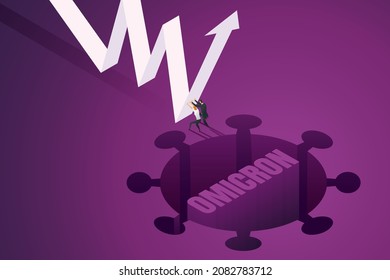 Businessperson resist down arrow charts from crisis Omicron Covid-19 coronavirus new. Overcoming effect to global economic. isometric vector illustration.