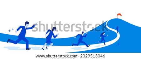 Businessperson running to mountain peak,copy space,vector illustration