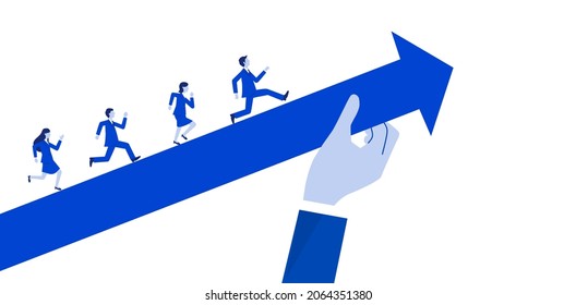 Businessperson running,with arrow,big hand supporting,white isolated,vector illustration