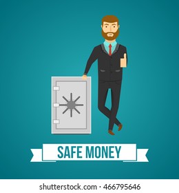 Businessperson and safe design of positive man with approving gesture on blue background vector illustration  