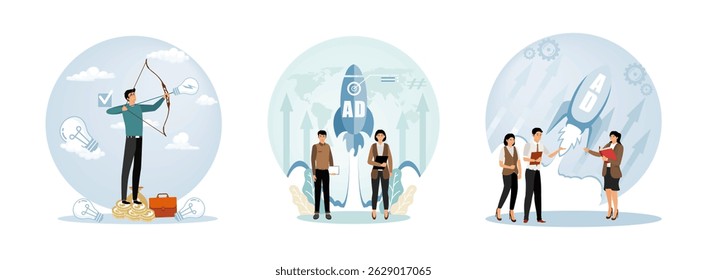A businessperson shooting a bow and arrow at light bulbs to represent goals. Professionals initiating powerful advertising campaigns. Marketers celebrate the kickoff of a dynamic ad campaign.