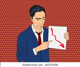 Businessperson showing graph going down with sad and skeptical face. Pop art halftone red background. Illustration of failure or bad decision making. Eps8 stock vector.