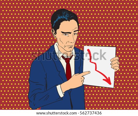 Businessperson showing graph going down with sad and skeptical face. Pop art halftone red background. Illustration of failure or bad decision making. Eps8 stock vector.