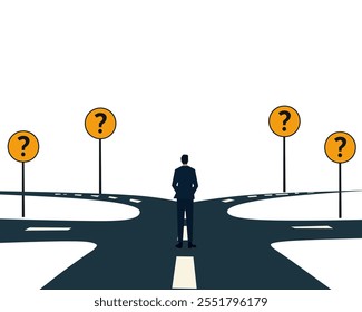 A businessperson standing at a crossroads with signs showing question marks, symbolizing decision-making, uncertainty, and direction in life or business. Ideal for career, strategy, and self-developme