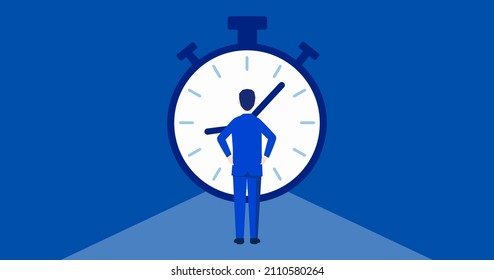 Empresario parado frente al temporizador, ilustración plana azul,vector