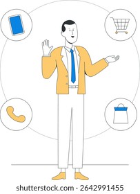 A businessperson in suit surrounded by commerce icons including phone, shopping cart, and bag, representing communication, shopping, and technology integration