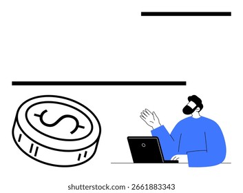 Empresario usando la computadora portátil mientras una Grande moneda de dólar flota cerca. Ideal para conceptos financieros, ganancias en línea, análisis de negocios, tendencias económicas, marketing digital, reuniones virtuales,