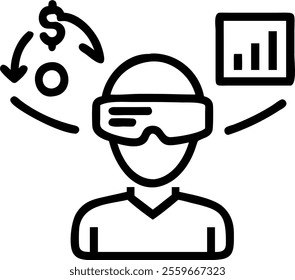 Businessperson in virtual reality finance world concept as Medium shot of a businessperson wearing VR goggles and interacting with floating financial data and charts. Scene represents cutting edge fin