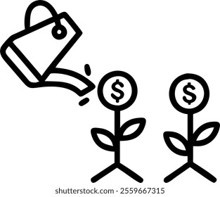 Businessperson watering money plants concept as Medium shot of a businessperson carefully watering small plants growing dollar bills instead of leaves. Scene represents nurturing investments and finan