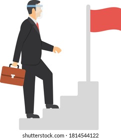 Businessperson wear coronavirus protection face shield and pointing flag vector stock illustration design, Executive walking up the stairs with flag, New normal Business character on white background