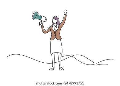 businessperson woman cheering with a megaphone, doodle continuous line art vector illustration