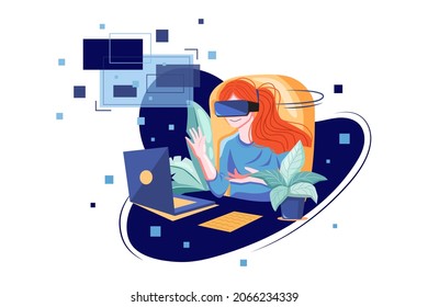 Empresario trabajando con el concepto de Ilustración VR Tech. Ilustración plana aislada en fondo blanco.