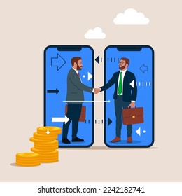 Businesspersons shaking hands through display of a smartphone. Online Communication.  Flat modern vector illustration.