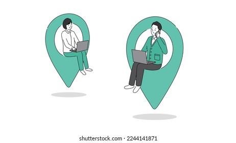 Businesspersons working on a computer while sitting on GPS icons, representing the concept of remote work,Vector illustration