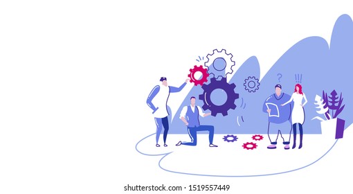 businesspople team controlling cogwheel processing mechanism colleagues brainstorming generating new business project concept sketch horizontal full length