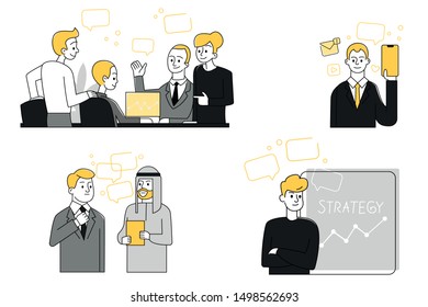 Business-related office characters. Collection of scenes at office. Bundle of men and women taking part in business meeting, negotiation, brainstorming, talking to each other. vector illustration in c