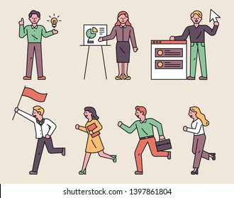 Business-related office characters. People who are holding flags and running towards the goal. flat design style minimal vector illustration